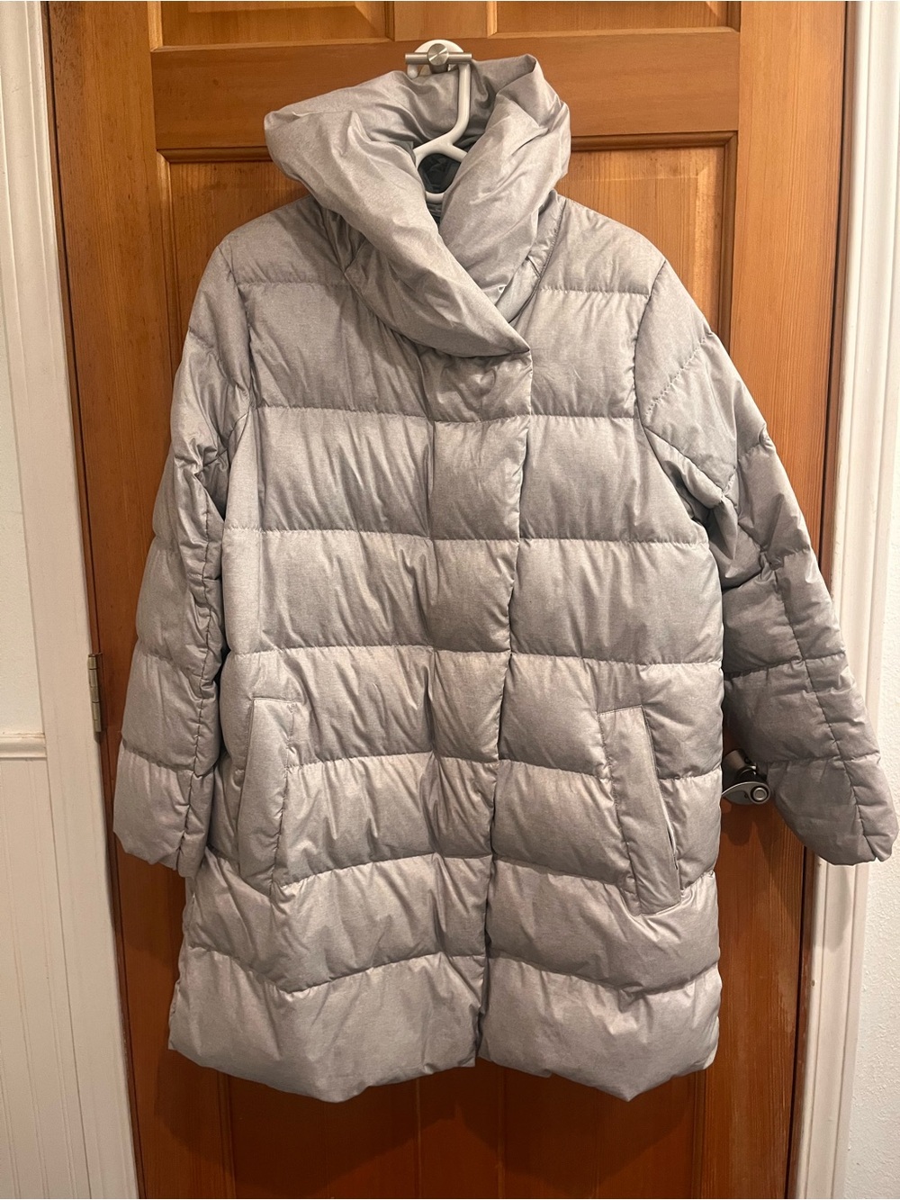 Eddie Bauer Light Gray Quilted Puffer Coat with Draped Collar
